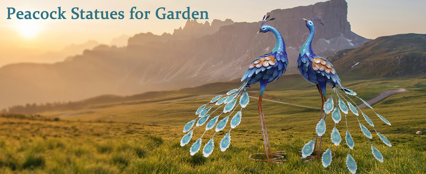 Blue Metal Peacock Statue - Outdoor Standing Bird Sculpture for Garden, Yard Art, Backyard Porch Patio Lawn Decoration