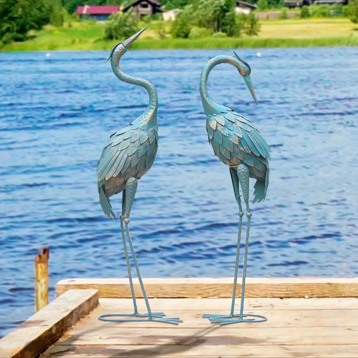 Set Of 2 Cyan Crane Garden Statues, Metal Standing Crane Decoy Outdoor Statue, Metal Bird Yard Art Sculpture For Patio Lawn Pond