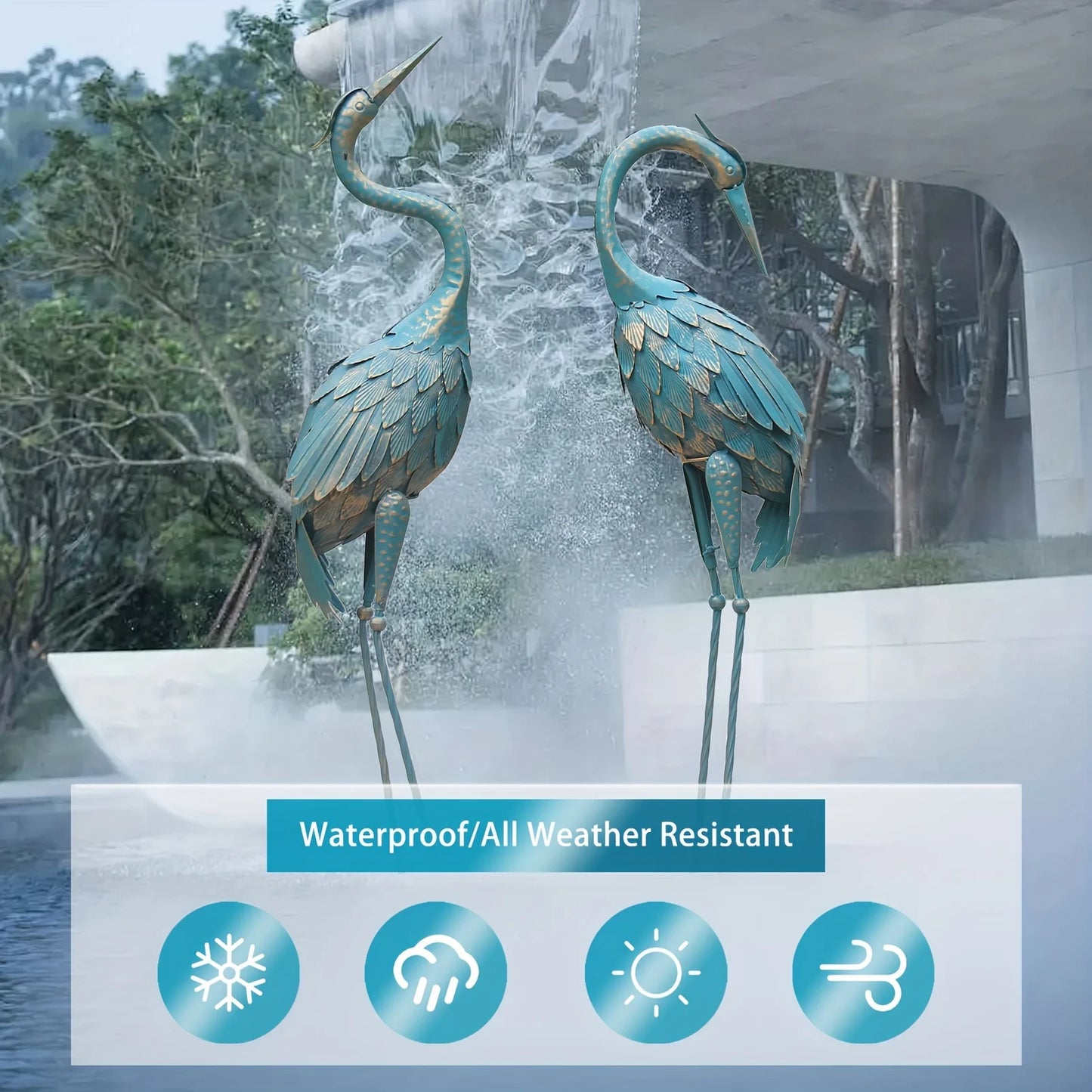 Set Of 2 Cyan Crane Garden Statues, Metal Standing Crane Decoy Outdoor Statue, Metal Bird Yard Art Sculpture For Patio Lawn Pond