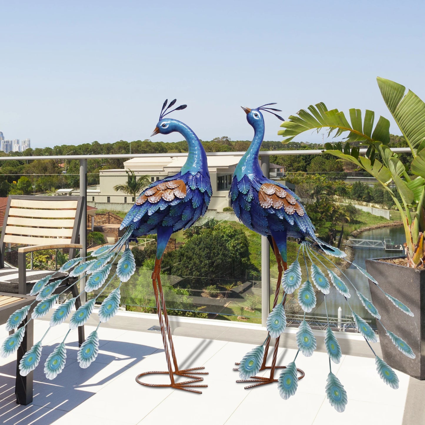 Blue Metal Peacock Statue - Outdoor Standing Bird Sculpture for Garden, Yard Art, Backyard Porch Patio Lawn Decoration