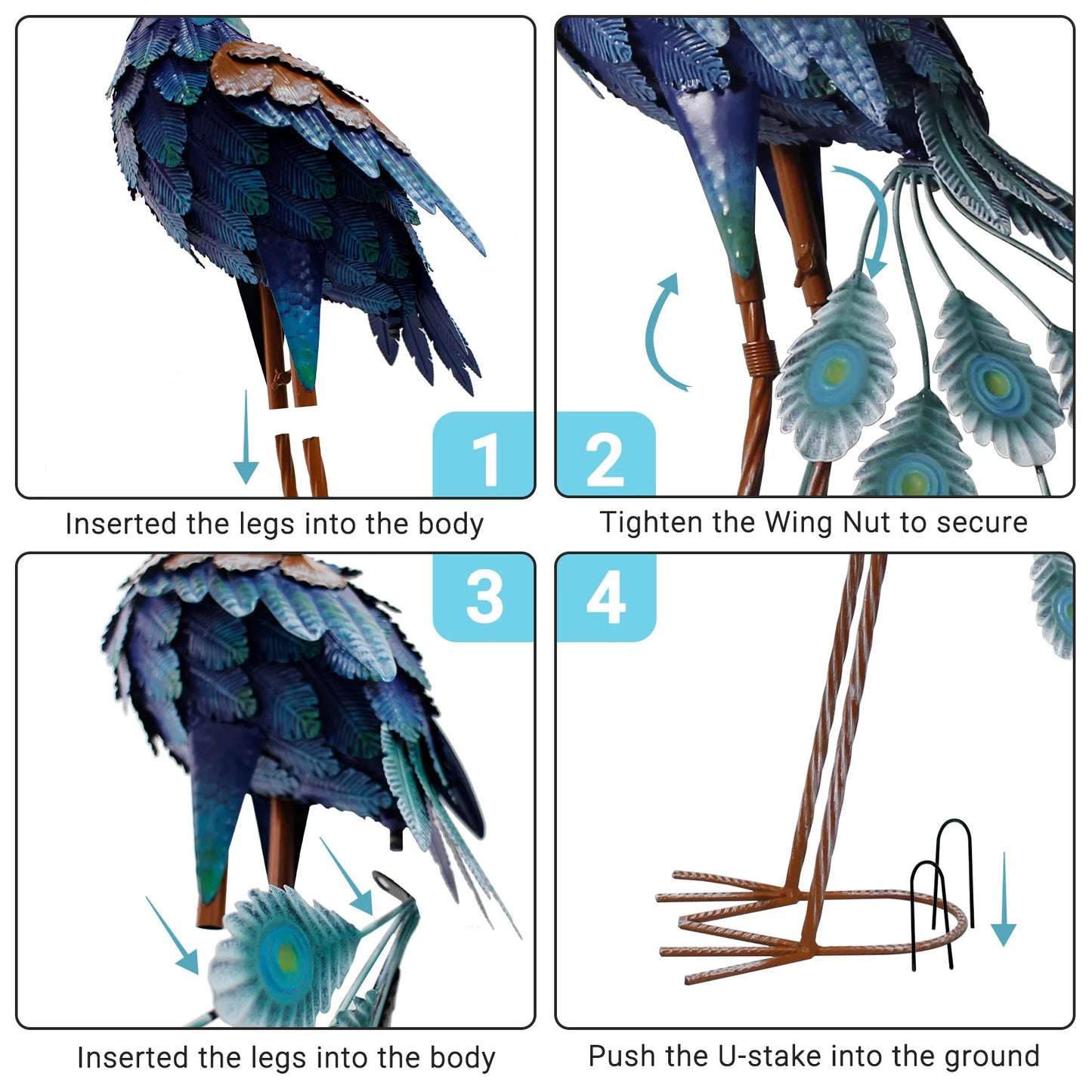Blue Metal Peacock Statue - Outdoor Standing Bird Sculpture for Garden, Yard Art, Backyard Porch Patio Lawn Decoration