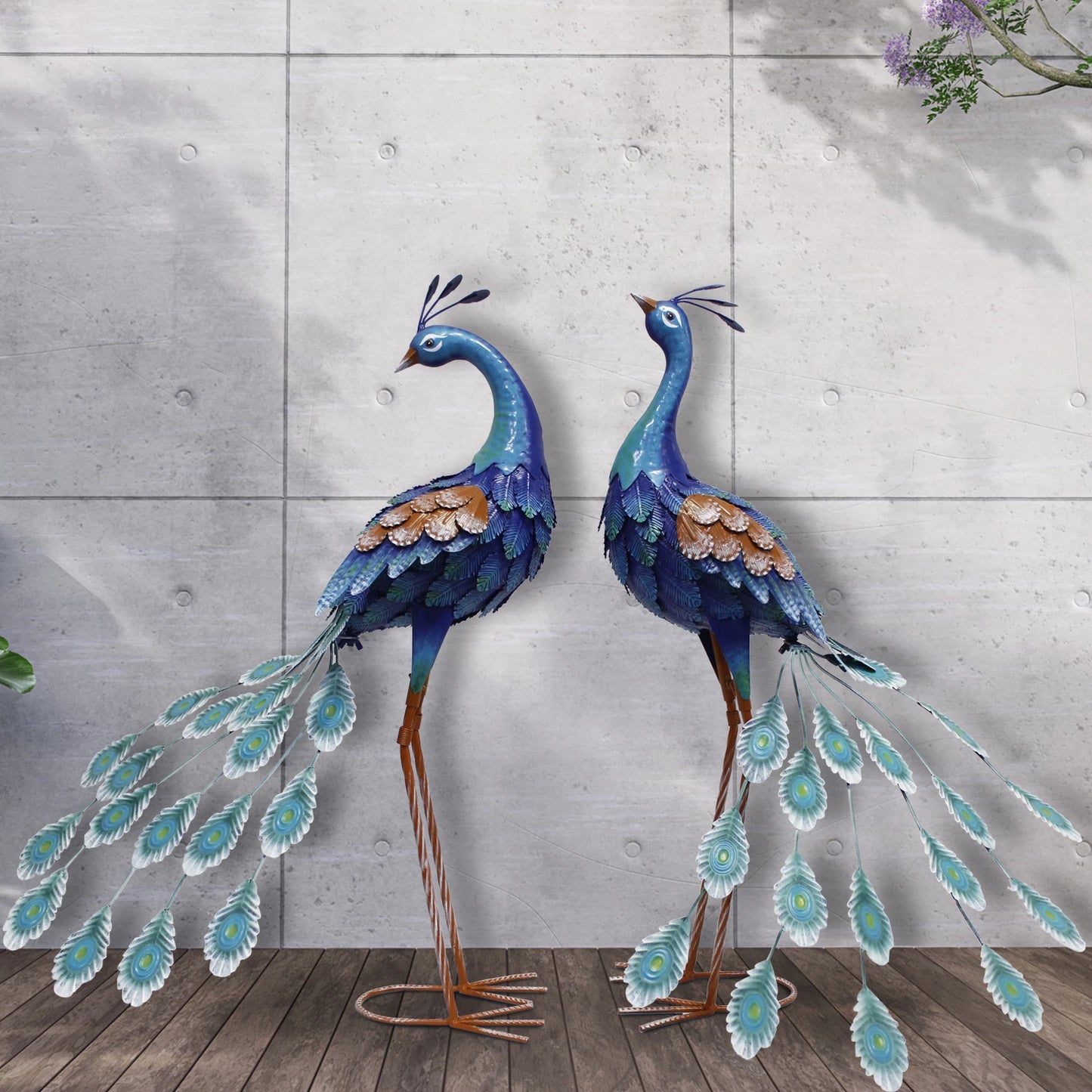 Blue Metal Peacock Statue - Outdoor Standing Bird Sculpture for Garden, Yard Art, Backyard Porch Patio Lawn Decoration