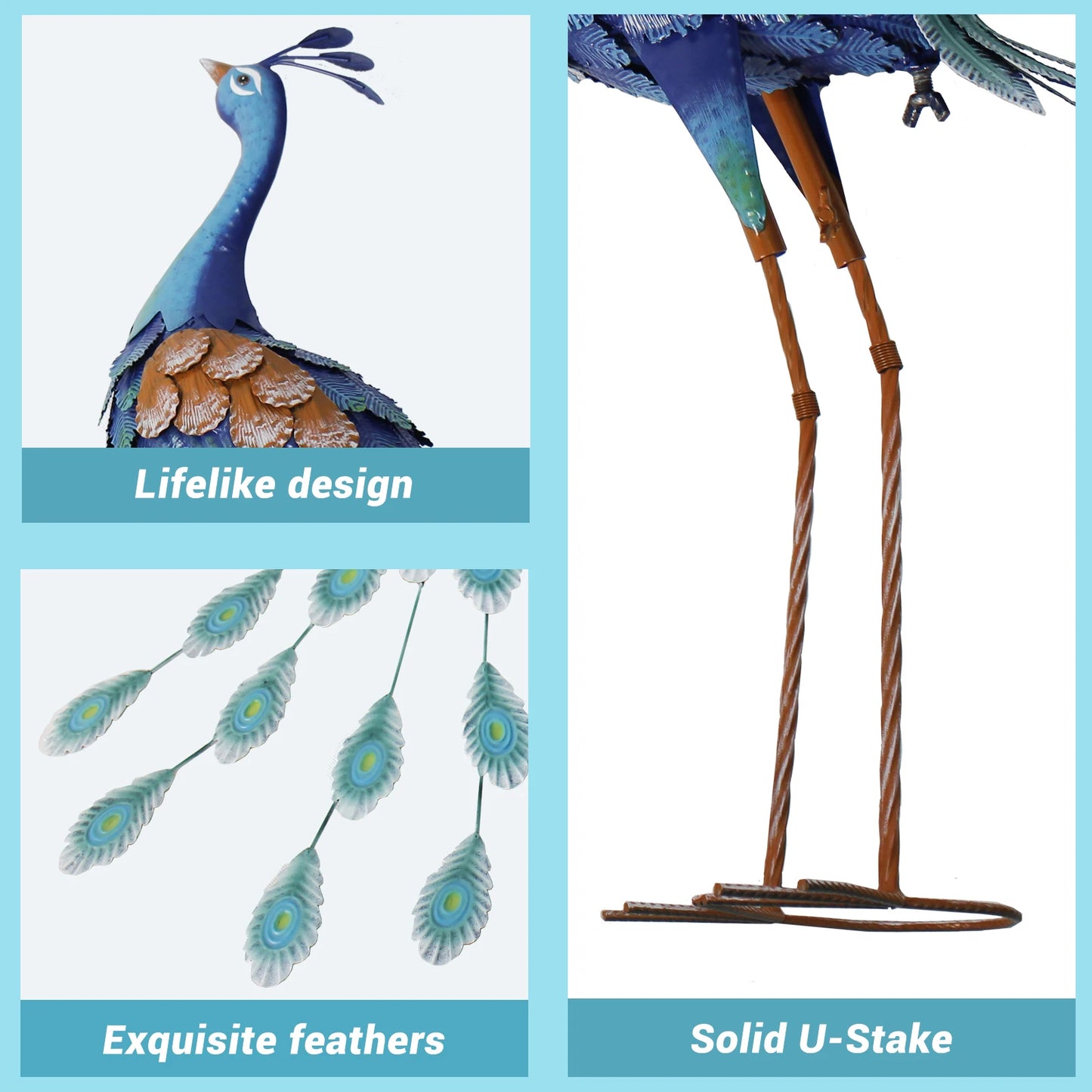 Blue Metal Peacock Statue - Outdoor Standing Bird Sculpture for Garden, Yard Art, Backyard Porch Patio Lawn Decoration