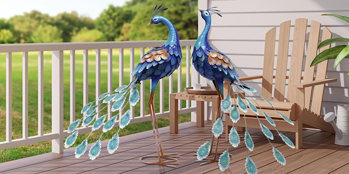 Blue Metal Peacock Statue - Outdoor Standing Bird Sculpture for Garden, Yard Art, Backyard Porch Patio Lawn Decoration