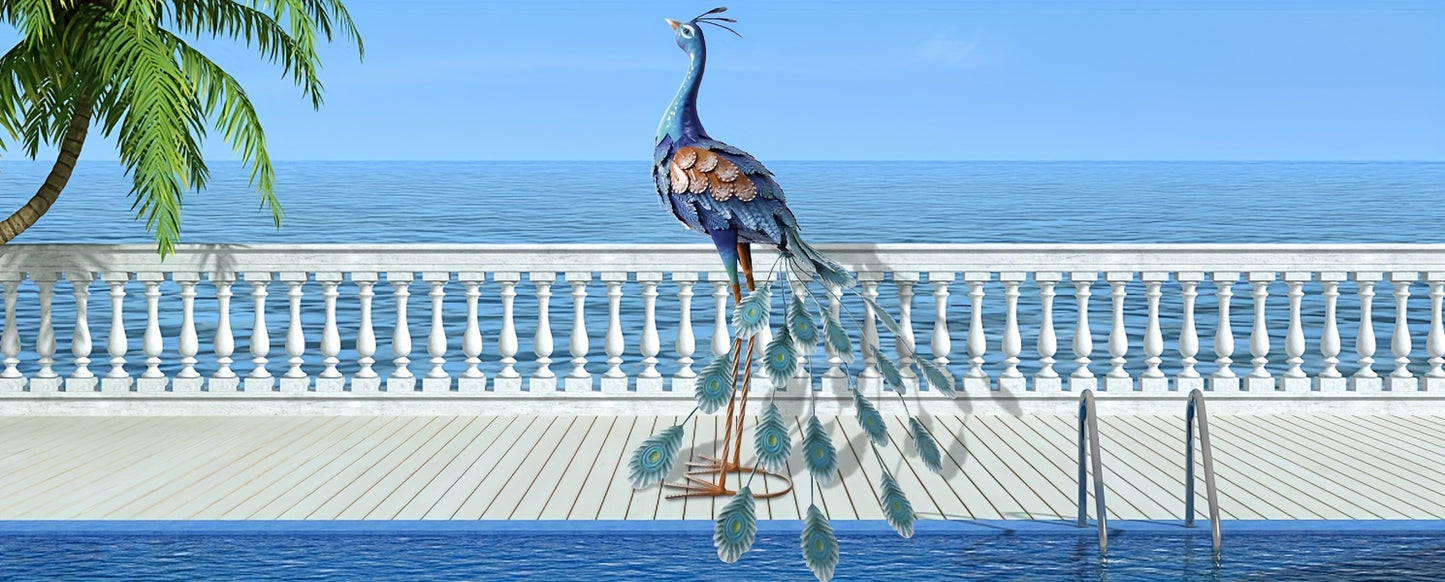 Blue Metal Peacock Statue - Outdoor Standing Bird Sculpture for Garden, Yard Art, Backyard Porch Patio Lawn Decoration