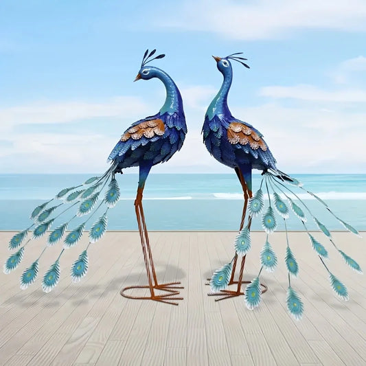 Blue Metal Peacock Statue - Outdoor Standing Bird Sculpture for Garden, Yard Art, Backyard Porch Patio Lawn Decoration